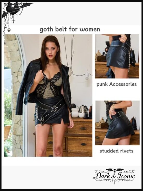 Wide Punk Studded Belt with Detachable Crystal Chain